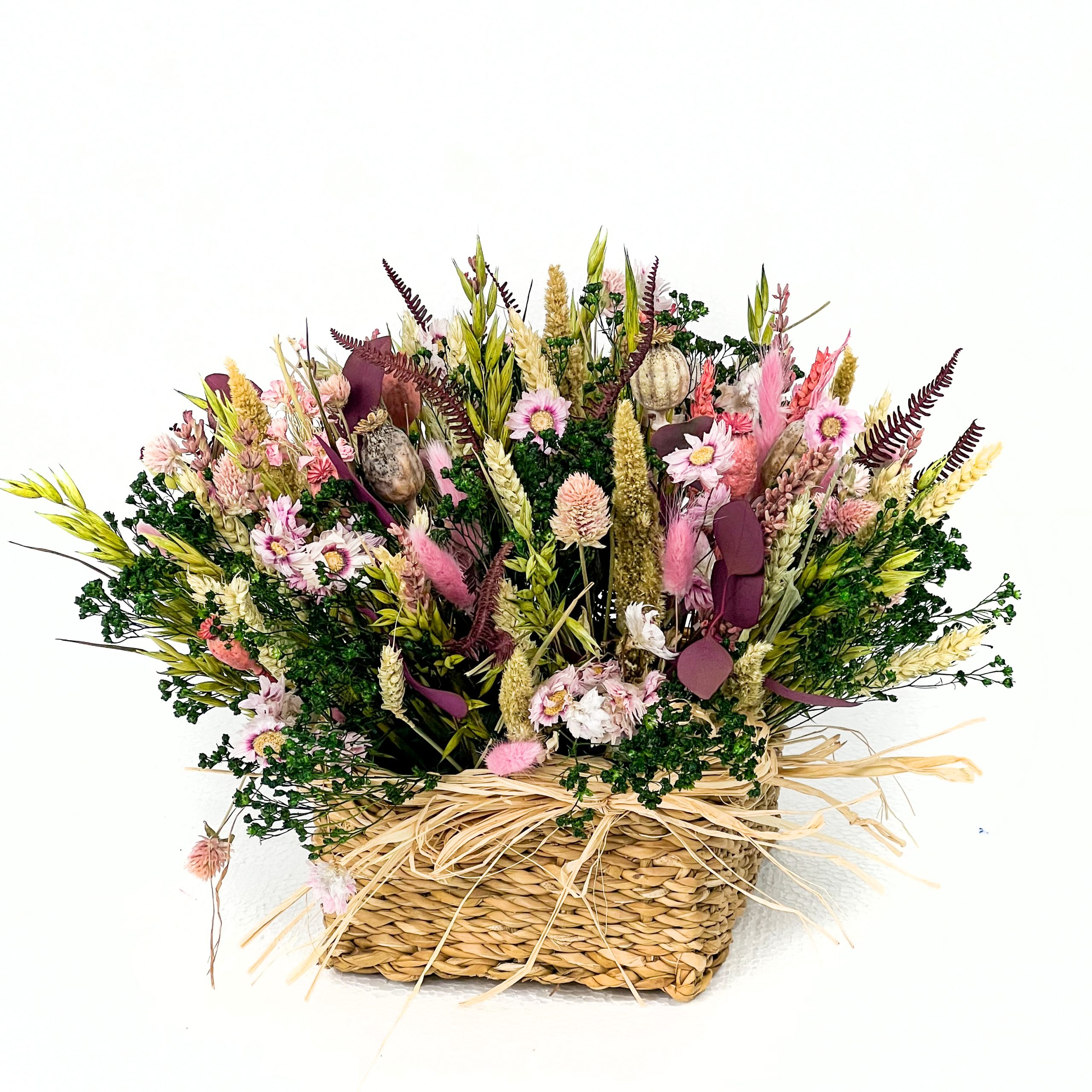 Cesta de flor seca tonos rosados